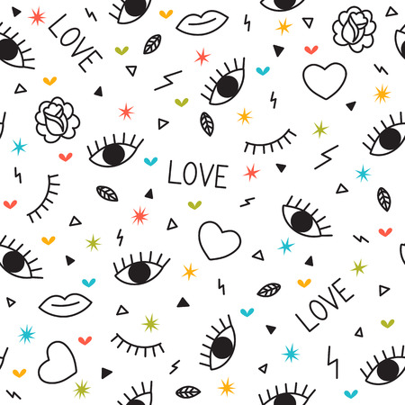 Doodle seamless pattern with eyes, hearts, lips and other geometric elements. Modern hand drawn background. Memphis style. Vector illustrationのイラスト素材