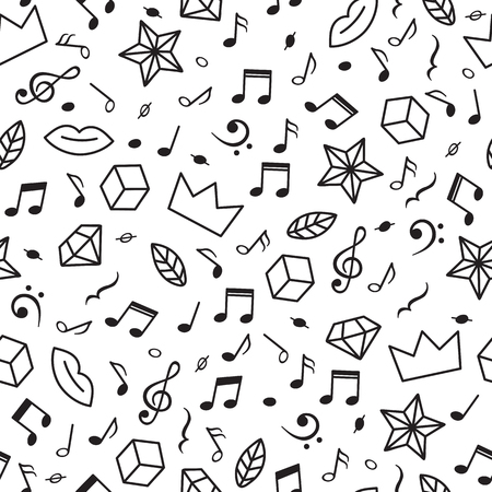 Doodle seamless pattern with music notes, hearts, stars and other geometric elements. Modern hand drawn background. Music theme. Vector illustrationのイラスト素材