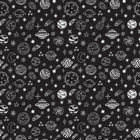 Doodle space seamless pattern. Cute hand drawn childish background. Cosmic objects set. Cartoon galaxy with comets, asteroids, stars and planets. Vector illustrationのイラスト素材