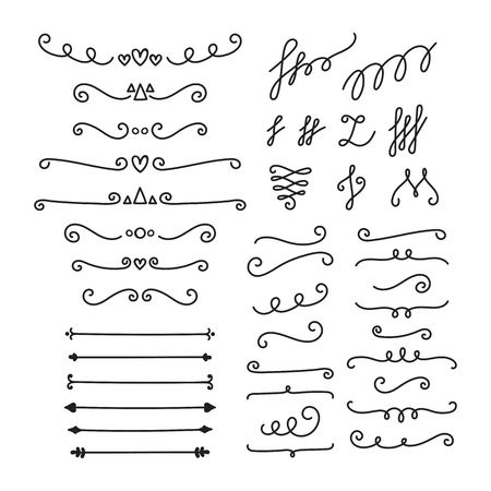 Hand drawn calligraphic design elements. Set of decorative symbols in doodle style. Lines, borders and dividers. Vector illustrationのイラスト素材