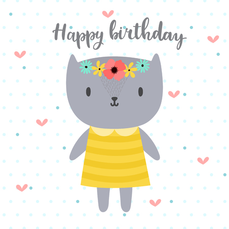 Happy Birthday. Cute greeting card with funny little cat. Vector illustrationのイラスト素材