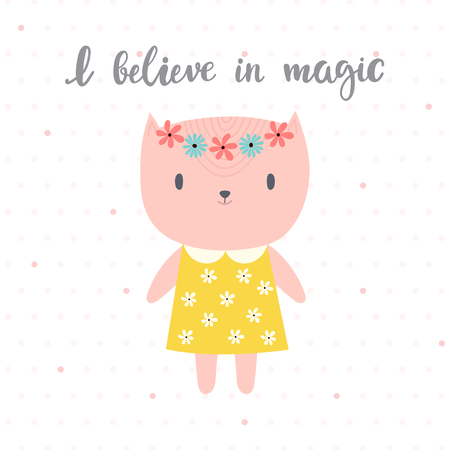 I believe in magic. Cute little kitty. Romantic card, wedding invitation, greeting card or postcard. Hand drawn motivational quote. Vector illustrationのイラスト素材