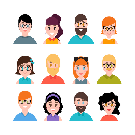 People avatars collection. Male and female portraits. Men, boys, girls and women characters. Simple flat cartoon style. Vector illustrationのイラスト素材