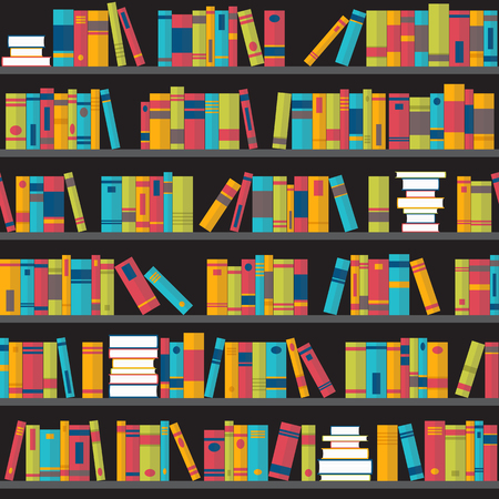 Seamless pattern with books on bookshelves. Flat design. Library, bookstore. Vector illustrationのイラスト素材