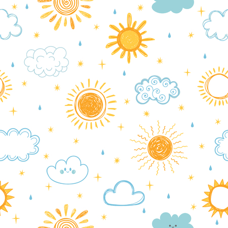 Seamless pattern with hand drawn clouds, stars, drops and sun. Doodle, sketch. Cute background for kids. Vector illustrationのイラスト素材