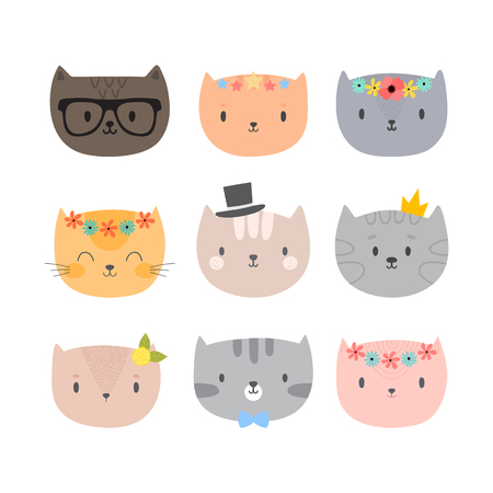 Set of cute cartoon cats. Funny animals. Different kittens in flat style. Vector illustrationのイラスト素材