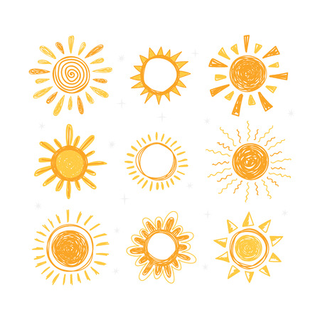 Set of hand drawn sun symbols. Collection of doodle sun icons. Vector illustrationのイラスト素材