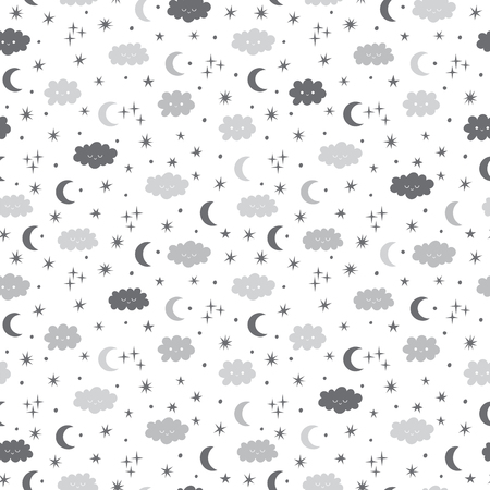 Starry night sky seamless pattern. Cute clouds and moon. Background for kids. Vector illustrationのイラスト素材
