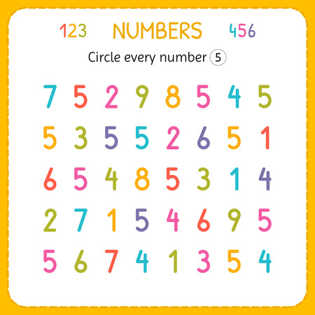 Circle every number Five. Numbers for kids. Worksheet for kindergarten and preschool. Training to write and count numbers. Exercises for children. Vector illustrationのイラスト素材