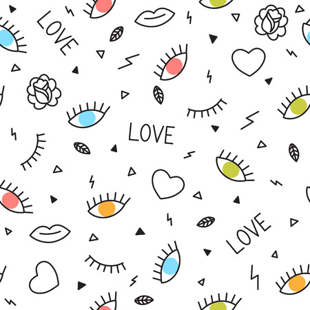 Doodle seamless pattern with eyes, hearts, lips and other geometric elements. Memphis style. Modern hand drawn background. Vector illustration.のイラスト素材