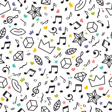 Doodle seamless pattern with music notes, hearts, stars and other geometric elements. Music theme. Modern hand drawn background. Vector illustration.のイラスト素材
