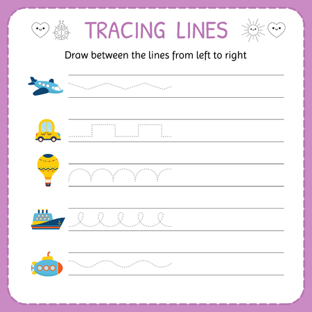 Draw between the lines from left to right. Preschool, kindergarten worksheet for practicing motor skills. Trace line worksheet for kids. Vector illustrationのイラスト素材
