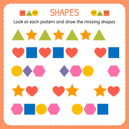 Look at each pattern and draw the missing shapes. Learn shapes and geometric figures. Preschool or kindergarten worksheet. Vector illustrationのイラスト素材