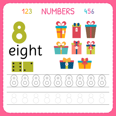 Numbers tracing worksheet for preschool and kindergarten. Writing number Eight. Exercises for kids. Mathematics games. Vector illustrationのイラスト素材