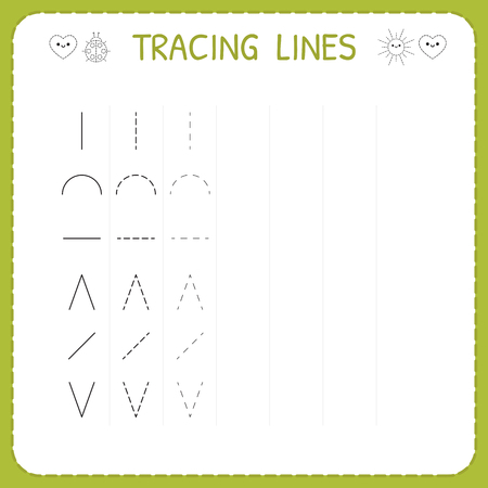 Trace line worksheet for kids. Working pages for children. Preschool or kindergarten worksheet. Trace the pattern. Basic writing. Vector illustrationのイラスト素材