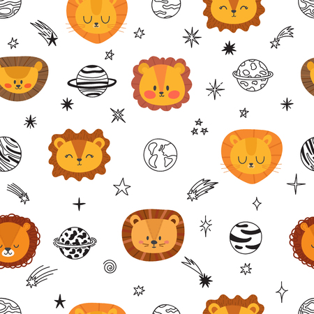 Cute space seamless pattern with cartoon lions. Abstract print. Hand drawn nursery background with funny animals for little kids. Vector illustration.のイラスト素材