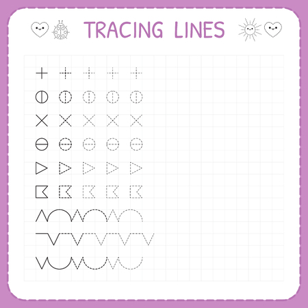 Tracing lines. Working pages for children. Preschool or kindergarten worksheets. Worksheet for kids. Basic writing. Trace the pattern. Vector illustration.のイラスト素材