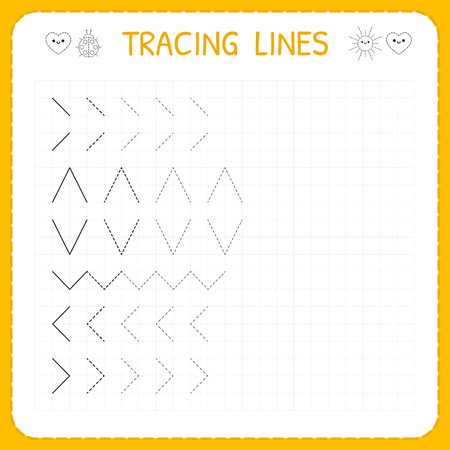 Tracing lines. Worksheet for kids. Working pages for children. Preschool or kindergarten worksheets. Basic writing. Trace the pattern. Vector illustrationのイラスト素材