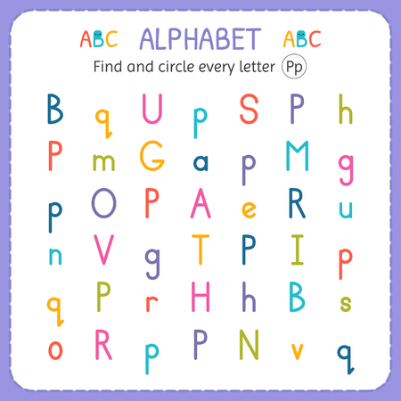 Find and circle every letter P. Worksheet for kindergarten and preschool. Exercises for children.のイラスト素材