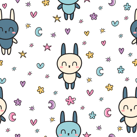 Childish seamless pattern with cute little bunnies. Modern stylish texture with cartoon animals for kids. Nursery decoration, wrapping paper. Trendy hand drawn background. Vector illustrationのイラスト素材
