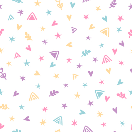 Cute childish seamless pattern with hand drawn cartoon elements. Background in scandinavian style. Great for birthday, fabric, textile, cards, wrapping. Vector illustrationのイラスト素材