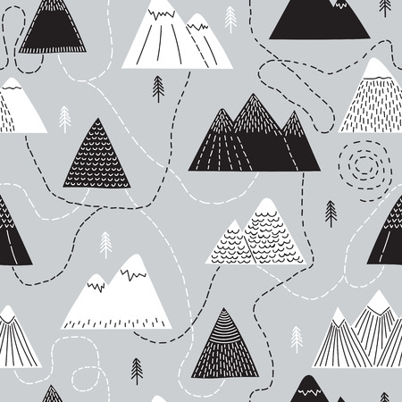 Cute hand drawn seamless pattern with trees and mountains. Creative scandinavian woodland background. Forest. Stylish sketch. Vector illustrationのイラスト素材