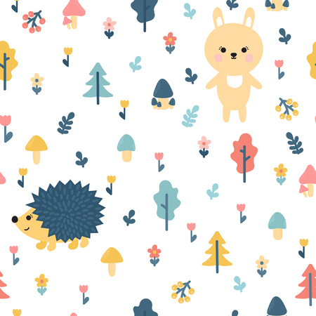 Hand drawn seamless pattern with bunny and hedgehog. Wrapping paper. Stylish doodle forest. Background for your design. Vector illustrationのイラスト素材