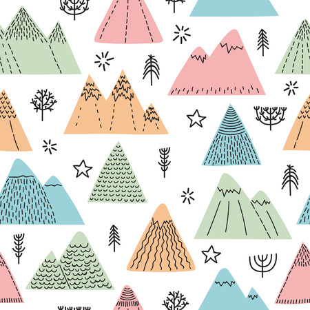 Hand drawn seamless pattern with trees, stars and mountains. Creative scandinavian woodland background. Forest. Stylish sketch. Vector illustrationのイラスト素材