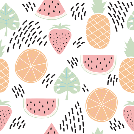 Colorful seamless pattern with tropical fruits and leaves. Cute summer background. Creative texture. Vector illustrationのイラスト素材