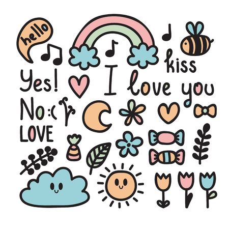 Hand drawn romantic theme. Design elements for valentine and wedding days. Doodle, sketch. Vector illustrationのイラスト素材