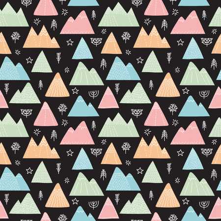 Hand drawn seamless pattern with trees, stars and mountains. Creative scandinavian woodland background.のイラスト素材