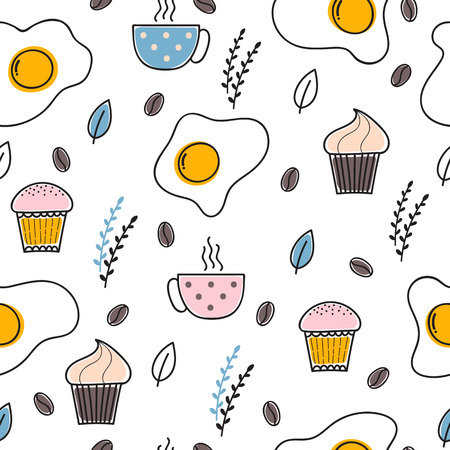 Hand drawn seamless pattern with fried eggs, coffee and cupcakes. Breakfast background. Scrambled eggs. Omelette. Vector illustrationのイラスト素材