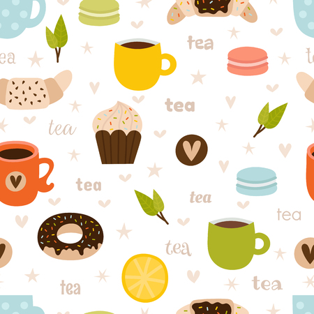 Hand drawn tea seamless pattern. Set of tea party symbols, objects and elements. Cute and funny background. Vector illustrationのイラスト素材