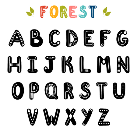 Hand drawn English alphabet. Cute letters with decoration elements. Font. Vector illustrationのイラスト素材
