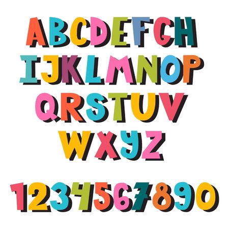 Colorful set of hand drawn font. School English alphabet. Cute cartoon style. Multicolored bright letters. Kid style drawing font. Vector illustrationのイラスト素材