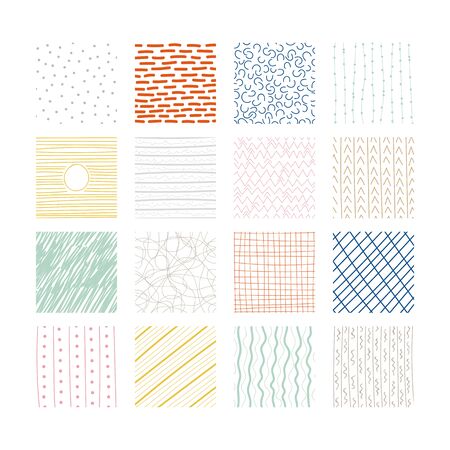 Set of abstract colored squares. Hand drawn backgrounds. Doodle drawings. Simple scratchy textures. Design elements. Pattern. Modern ethnic ornaments. Vector illustrationのイラスト素材