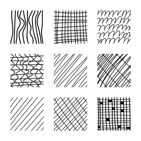 Set of abstract squares. Hand drawn backgrounds. Doodle drawings. Simple scratchy textures. Design elements. Modern ethnic ornaments. Pattern. Vector illustrationのイラスト素材