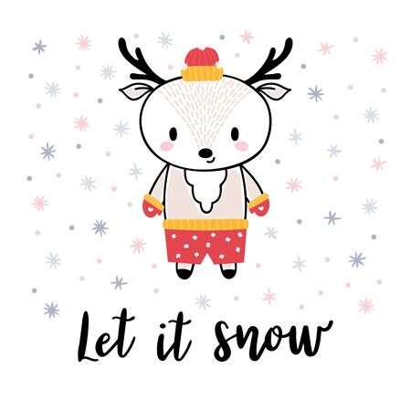 Christmas card with cute little deer. Funny winter animals, cartoon character. Let it snow. Hand drawn lettering. Printable greeting postcard design. Vector illustrationのイラスト素材