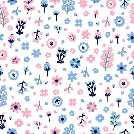 Cute floral seamless pattern with flowers and berries. Scandinavian style design. Colored backgroundのイラスト素材