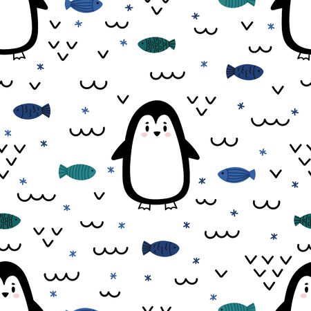 Cute seamless pattern with little penguin and fishes. Childish sea background with funny characters. Vector illustrationのイラスト素材