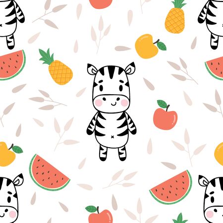 Cute seamless pattern with little zebra and fruits. Childish background with funny characters. Vector illustrationのイラスト素材