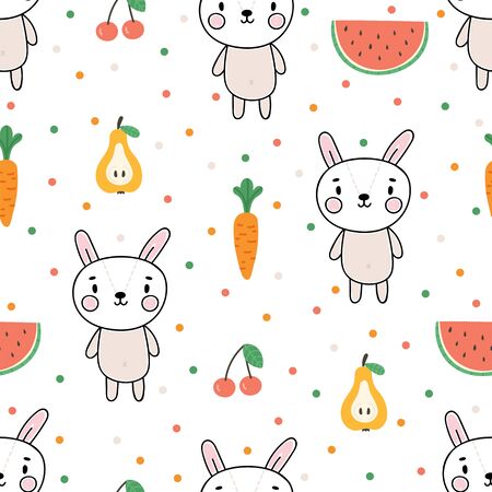 Cute summer seamless pattern with little bunny and fruits. Childish background with funny characters. Vector illustrationのイラスト素材