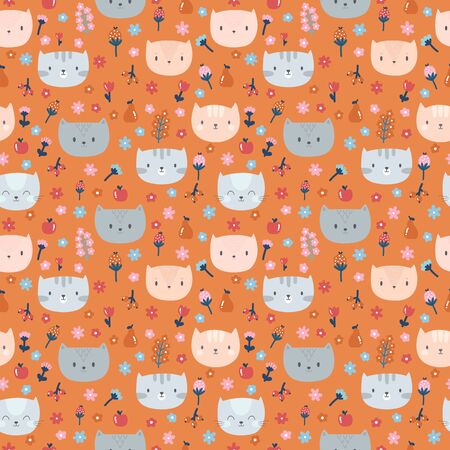 Kids seamless pattern with cute little cats. Funny animals on dark backdrop. Great for fabric and textile. Cute background. Vector illustrationのイラスト素材