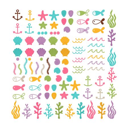 Set with hand drawn sea animals and creatures. Big set on the marine theme. Sea summer life. Underwater seaweeds. Vector illustrationのイラスト素材