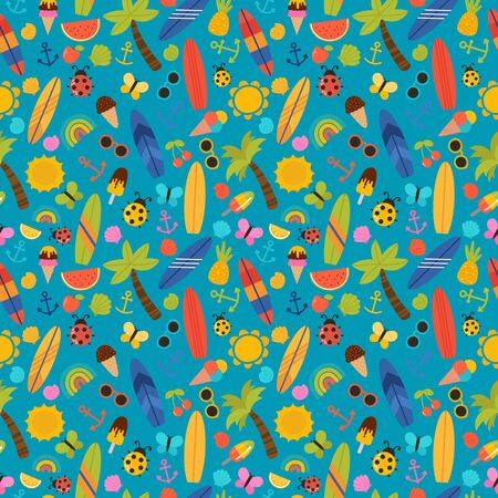Summer sea seamless pattern with surfboards, palm trees, anchors, sunglasses and shells. Design for...