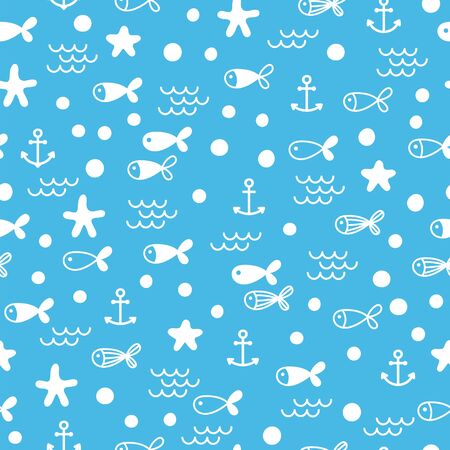 Summer seamless pattern with pearls, fishes and anchors. Cute marine background. Perfect for wrapping paper, textile and web design. Vector illustrationのイラスト素材