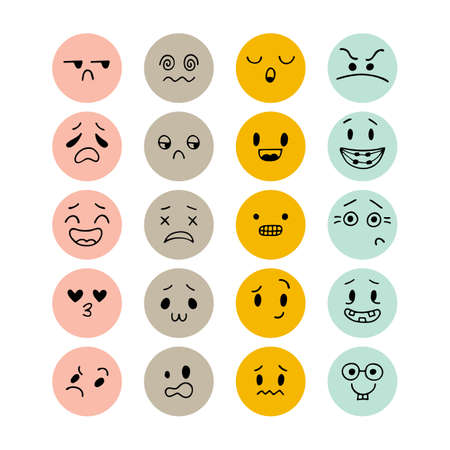 Set of hand drawn funny smiley faces. Sketched facial expressions set. Collection of cartoon emotional characters. Emoji icons. Happy kawaii style. Vector illustrationのイラスト素材
