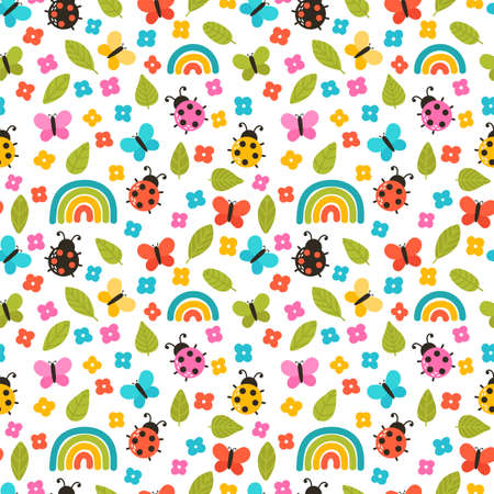 Colorful summer seamless pattern with hand drawn elements. Rainbow, flowers, ladybug. Cute print for fabric, textile, wrapping paper. Vector illustrationのイラスト素材