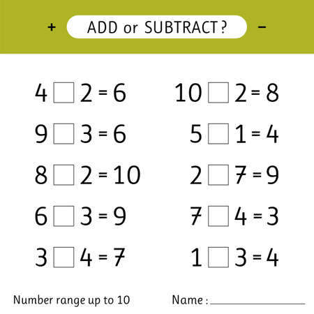 Add or subtract. Number range up to 10. Addition and subtraction. Worksheet for kids. Mathematical exercises. Vector illustrationのイラスト素材