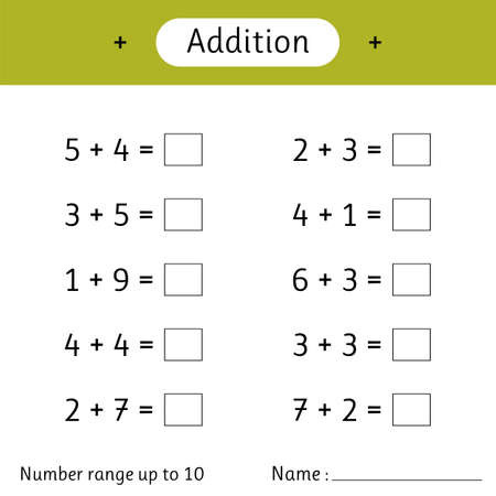 Addition. Number range up to 10. Math worksheet for kids. Mathematics. Solve examples and write. Developing numeracy skills. Vector illustrationのイラスト素材